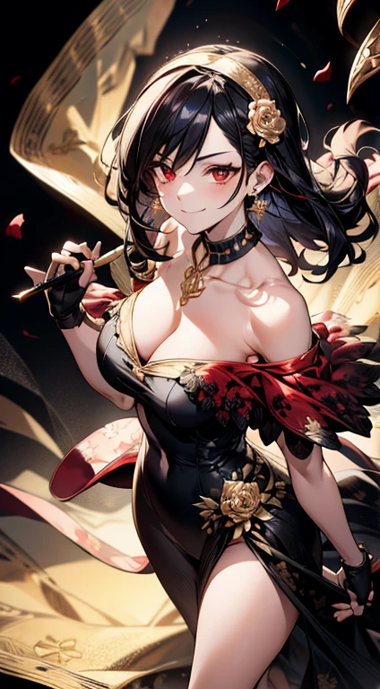 yor briar, anime style beutiful woman, 1girl,full body, happy, smile, red face, closed mouth, beautiful detailed eyes, super detailed skin, backlighting, bare shoulders, black background, black dress, black gloves, black hair, breasts, dress, earrings, fingerless gloves, floating hair, floral print, flower, gloves, gold earrings, gold hairband, hair flower, hair ornament, hairband, holding, holding weapon, jewelry, large breasts, long hair, looking at viewer, off-shoulder dress, off shoulder,red eyes, short hair with long locks, sidelocks, solo, spikes, thighs, two-sided dress, two-sided fabric, weapon, fighting stance , face, close up, from above, highest quality, high resolution.
