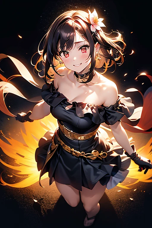 yor briar, anime style beutiful woman, 1girl,full body, happy, smile, red face, closed mouth, beautiful detailed eyes, super detailed skin, backlighting, bare shoulders, black background, black dress, black gloves, black hair, breasts, dress, earrings, fingerless gloves, floating hair, floral print, flower, gloves, gold earrings, gold hairband, hair flower, hair ornament, hairband, holding, holding weapon, jewelry, large breasts, long hair, looking at viewer, off-shoulder dress, off shoulder,red eyes, short hair with long locks, sidelocks, solo, spikes, thighs, two-sided dress, two-sided fabric, weapon, fighting stance , face, close up, from above, highest quality, high resolution.
