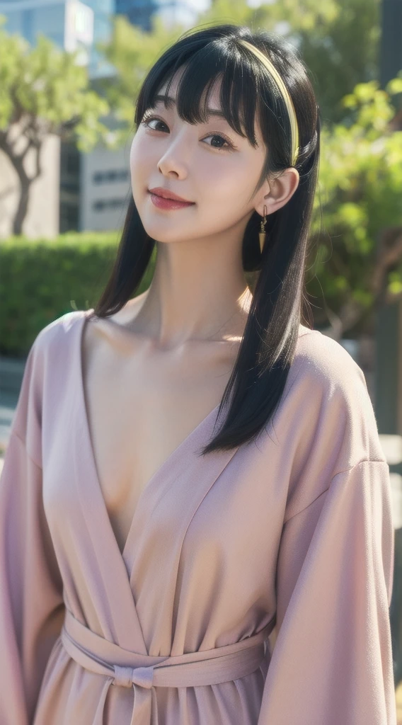 yor, Mature female, bangs, side locks, Red eyes, Black hair, hair adornments，sportrait, (face:1.2), schoolgirls, ssmile,bare shoulders​, Black hair, walking at time square buzz, (Robe:1.21), clavicle, Willow Branch, (masterpiece best quality :1.2),