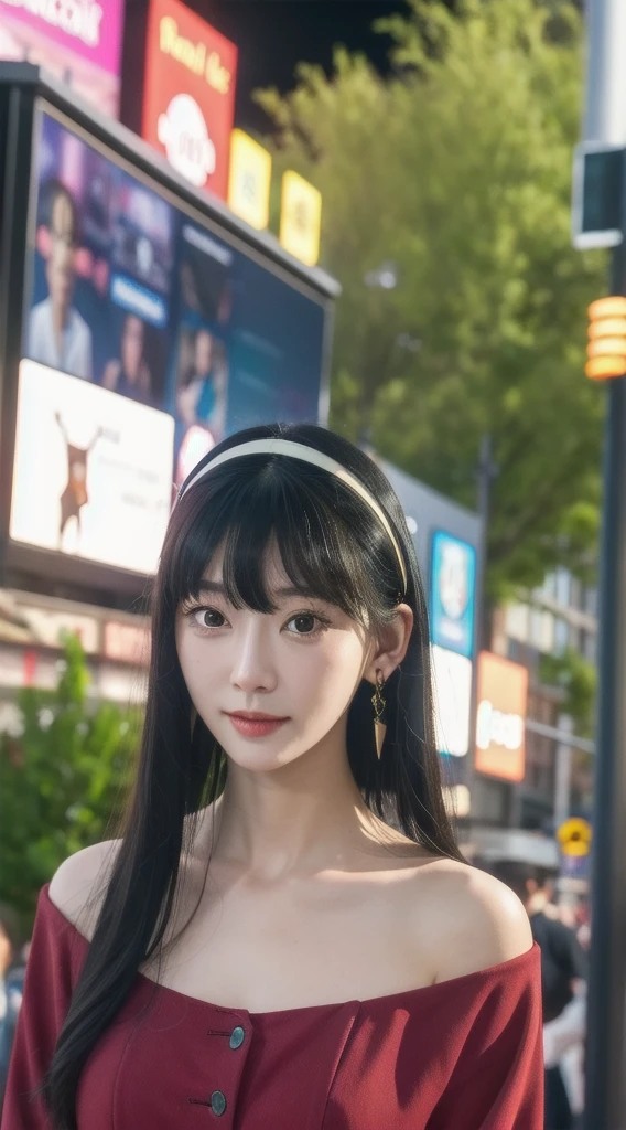 yor, Mature female, bangs, side locks, Red eyes, Black hair, hair adornments，sportrait, (face:1.2), schoolgirls, ssmile,bare shoulders​, Black hair, walking at time square buzz, (Robe:1.21), clavicle, Willow Branch, (masterpiece best quality :1.2),