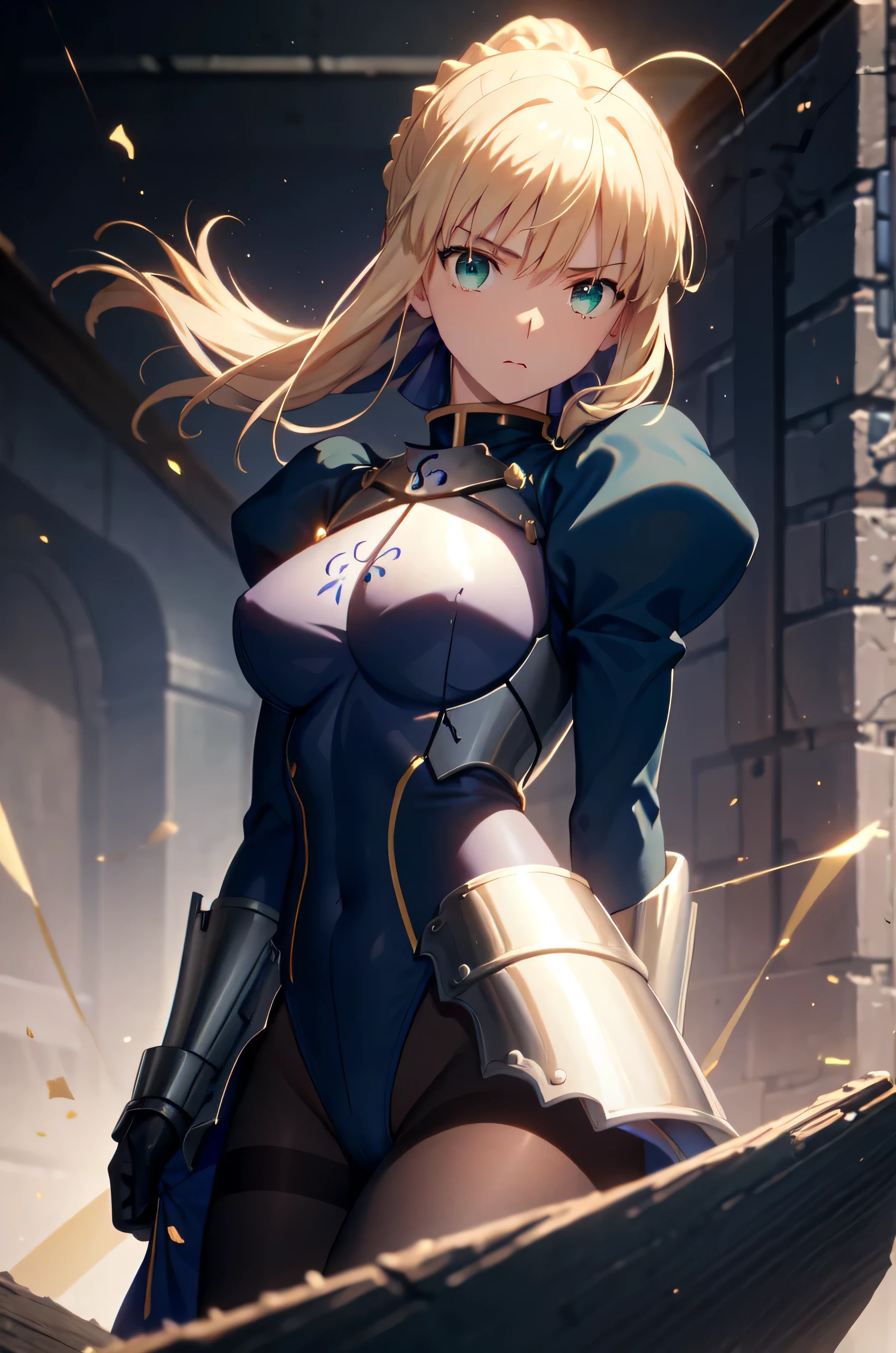 masterpiece、highest quality、High resolution、ph saver、ph Artoria、Anime Women、solo、Blue leotard、Black Pantyhose、armor、Big Breasts、A woman with very large breasts、 armored leotard、Shine、Gauntlet、breastplate、leotard sleeve withan puffy sleeve、leotard bottom with an high leg、Hair Bun、Blonde、Green Eyes、braided ponytail、bangs、blue bow in hair、Upper Body、