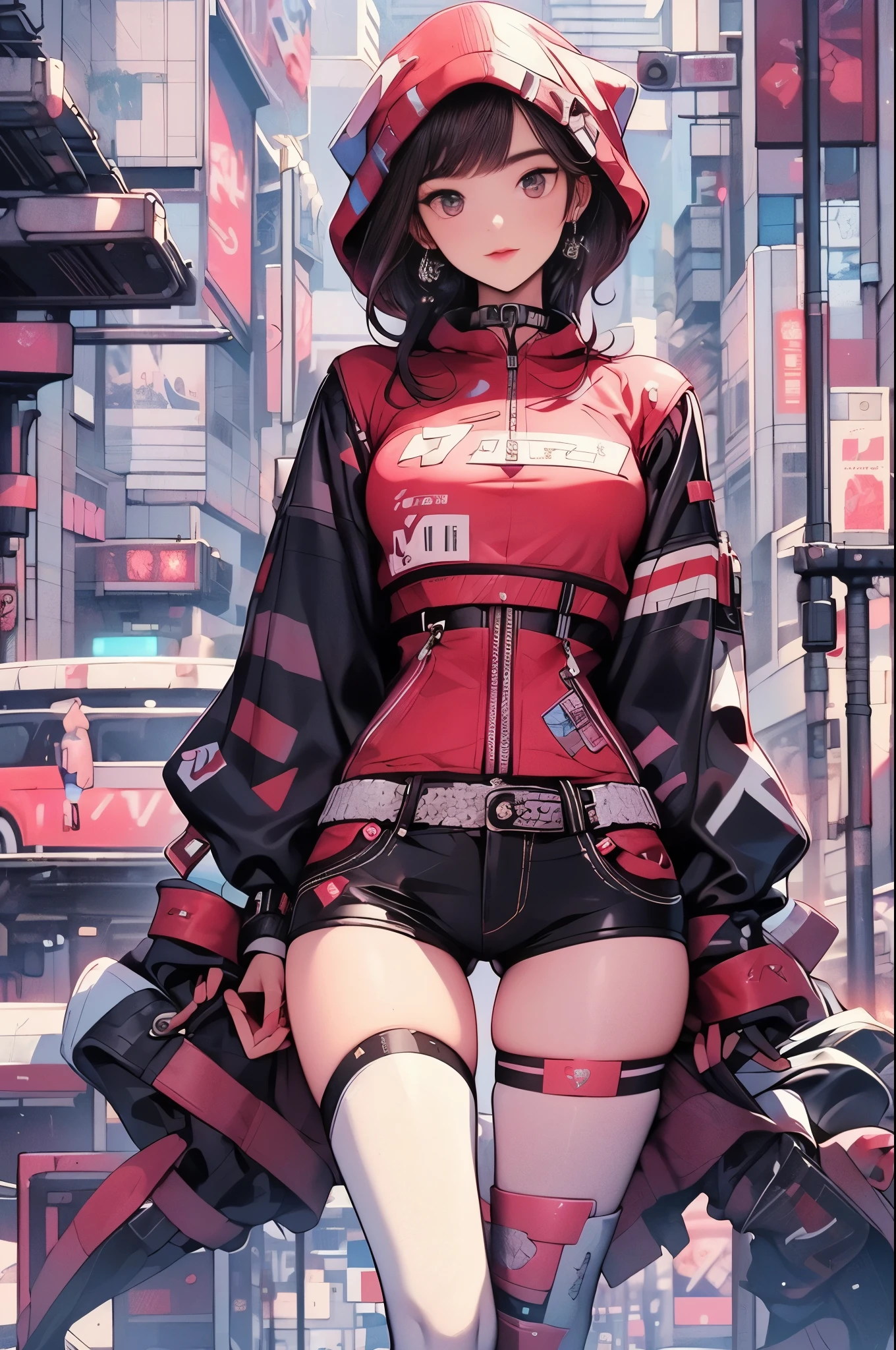 (RAW photos, best quality, masterpiece:1.2), (Practical, photo-Practical:1.4),(masterpiece:1.4),(best quality:1.4), ((Cyberpunk Girl)), ,Short white shirt，Open hooded fur-trimmed down jacket，Red mini skirt，((dynamic poses)), (((Cyberpunk city street background))), Hair intake, ((Long hair invisible)), Looking at the audience, Smile, (((thigh gap))), thigh, Very long hair, Multi-colored hair, Alice \(nod\),(Radiant skin),Practical.