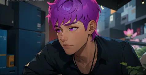 cute 16 year old boy is sad, thoughtful, remembering something bad that happened to him, he has purple eyes, purple hair