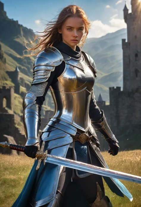 1girl,Swordsman,(with sword and armor),medieval setting,heroic pose,dramatic lighting,vivid colors,realistic details,strong and ...