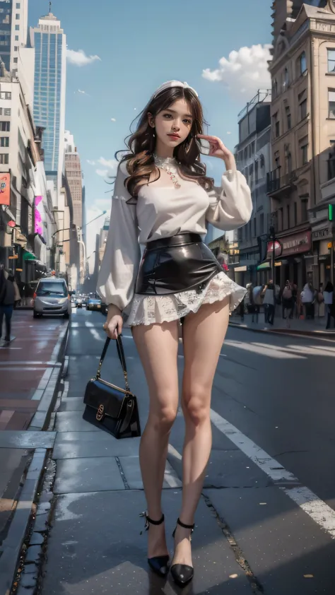 (woman standing on the streets of new york),(masterpiece, highest quality, Realistically, work, Very detailed, 8k), ((Wide-angle...