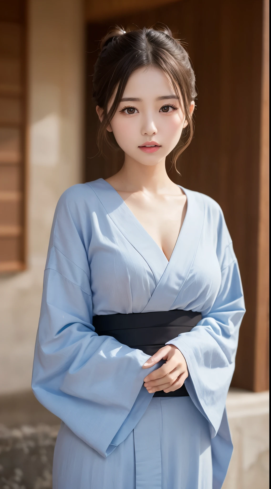 Japanese women, Light brown hair, (single hair bun:1.1), yukata、medium breast, Ultra Fine Face, great writing、Thin face, Delicate lips, (Beautiful Eyes:1.5), ((embarrassed:1.3)), Embarrassed and blushing, (Looking up at the camera:1.3)、I put my hands on my chest、First Person View,  8k, Super Detail, high quality, 最high quality, High resolution, nsfw、Masterpiece