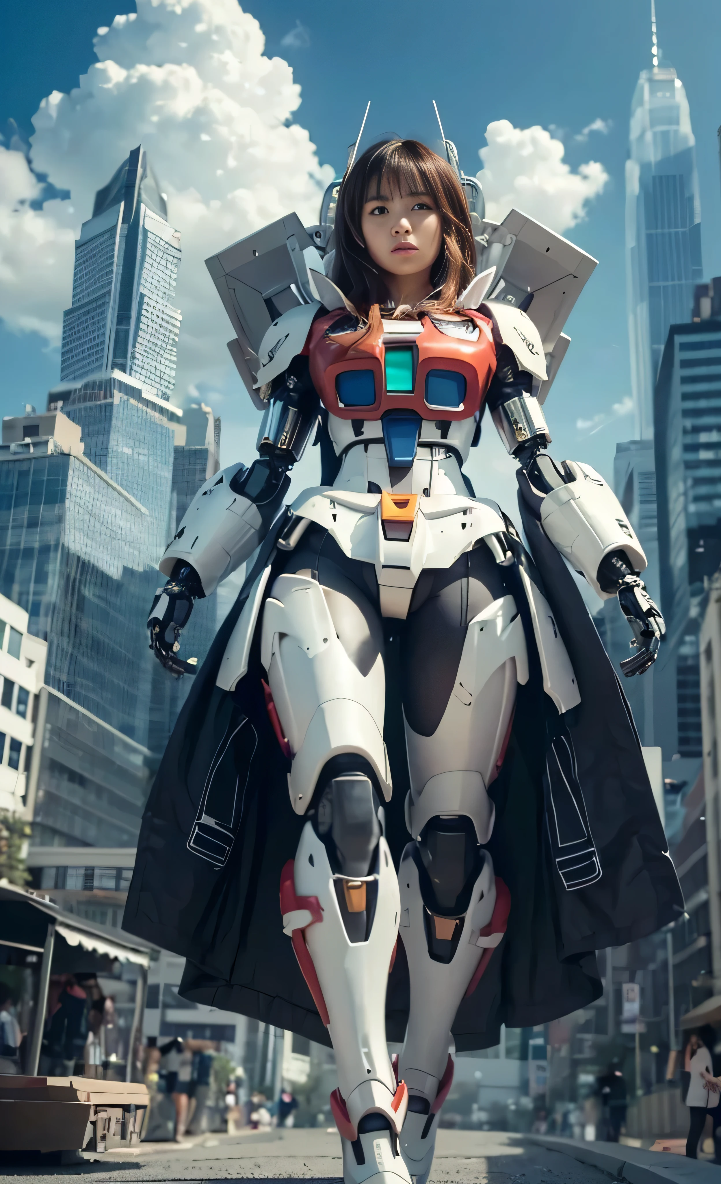 (((RAW Image Quality:1.4))), ((A giant mechanical woman, much bigger than a skyscraper:1.4)), 14 years old, Rough skin, Very detailed, Advanced Details, high quality, 最high quality, High resolution, 1080p, hard disk, beautiful,(Gundam:1.4),beautiful almost,She is wearing futuristic shiny white mechanical parts,Mechanical joint, Mechanical Arm, Mechanical legs below the knees, Mechanical parts that protect the top of the breasts, Cleavage, Mechanically protected groin, Excluding bust top and inseam, Bare skin is exposed., Nearly naked, Perfect Proportions, (Brown hair fluttering in the wind), beautiful blue eyes, full body shot, very small metropolis。A miniature city just a few feet tall, Stomping City,Crush City,Small Town,Micro City, Small cars and trains, Deep blue sky, Metal pants digging into the crotch, Angle looking up from below, Biologically correct,