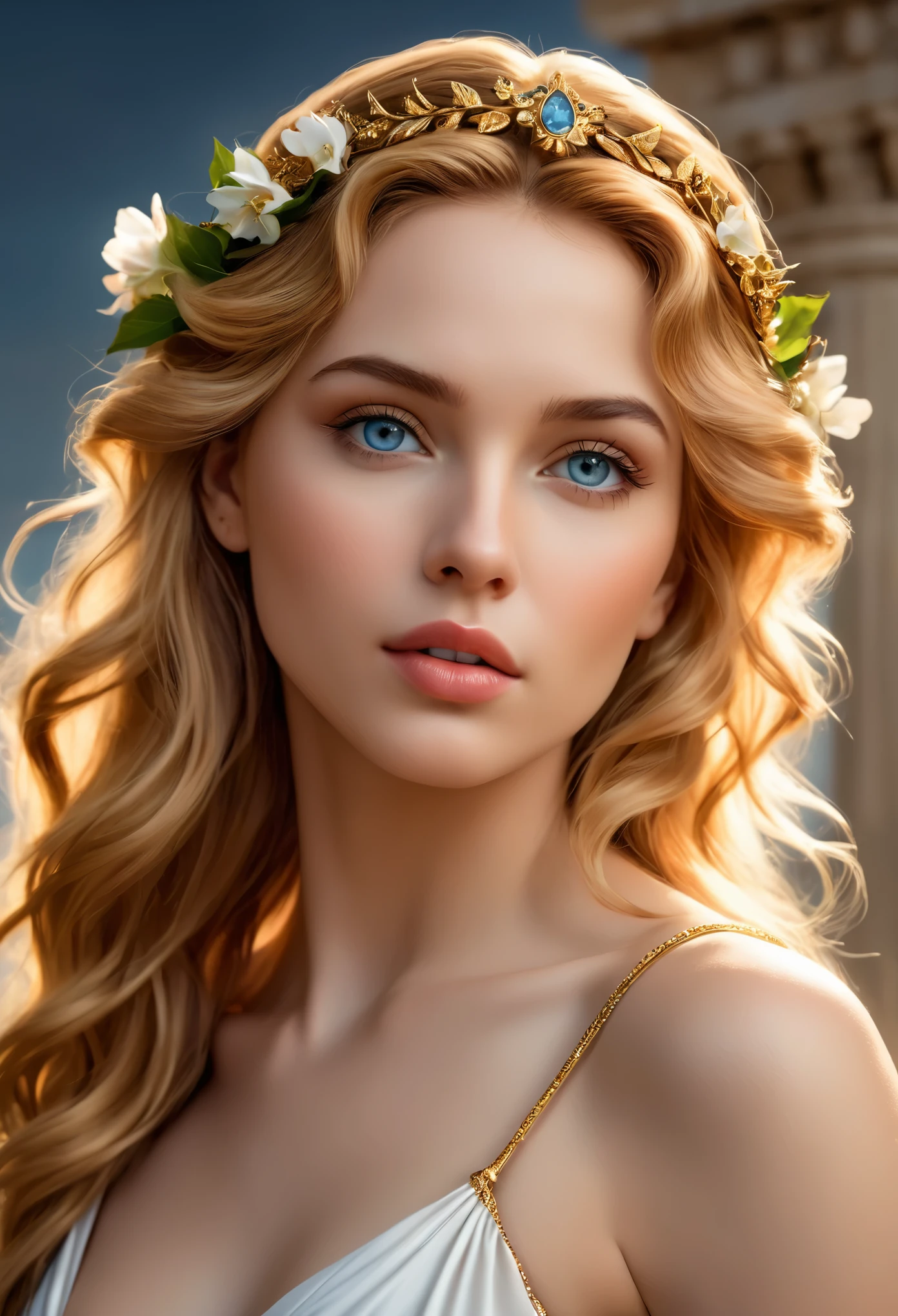 (best quality,4k,8k,highres,masterpiece:1.2), ultra-detailed, (realistic,photorealistic,photo-realistic:1.37), portraits, HDR, Greek mythology, beautiful goddess Venus portrait, perfect DNA, detailed eyes, detailed lips, stunning beauty, flowing golden hair, nude, perfect body, perfect nude, graceful pose, enchanting gaze, vibrant colors, soft lighting.(NSFW:1.4)
