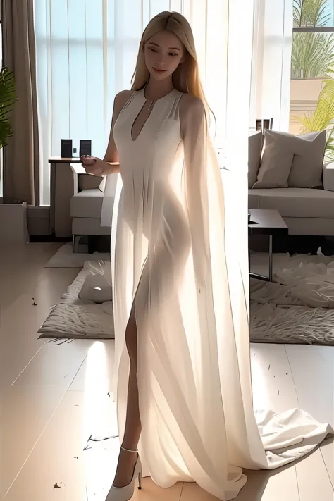 (masterpiece, best quality:1.2), 1girl, solo, delicate face, white-skinned female, blonde,long hair, see-through silhouette, white dress, full body, indoor