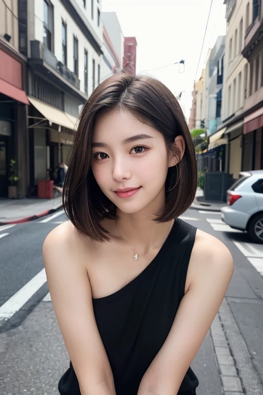 (((Shoulder length brown straight short bob)))、(((Her background is downtown Hawaii.、Pose like a model at the hair salon.)))、(((Casual black winter street fashion)))、Face close-up、Half Japanese and Korean、18-year-old girl、independent、look forward to、Light eye makeup、Brown Hair Color、flat 、Hair blowing in the wind、quality of actress、Shiny, Ultra-realistic faces、smileの表情、Watery eyes、look up、Calming lighting effects、 Ultra-Realistic Capture、Very detailed、High resolution 16k human skin closeup。Skin texture should be natural、Must be so detailed that pores are visible、skin is healthy、Must be an even tone、Use natural light and color、High quality photos taken by a modeling agency&#39;Exclusive photographer、smile
