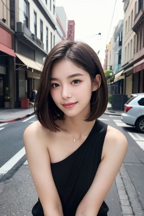 (((Shoulder length brown straight short bob)))、(((Her background is downtown Hawaii.、Pose like a model at the hair salon.)))、(((...