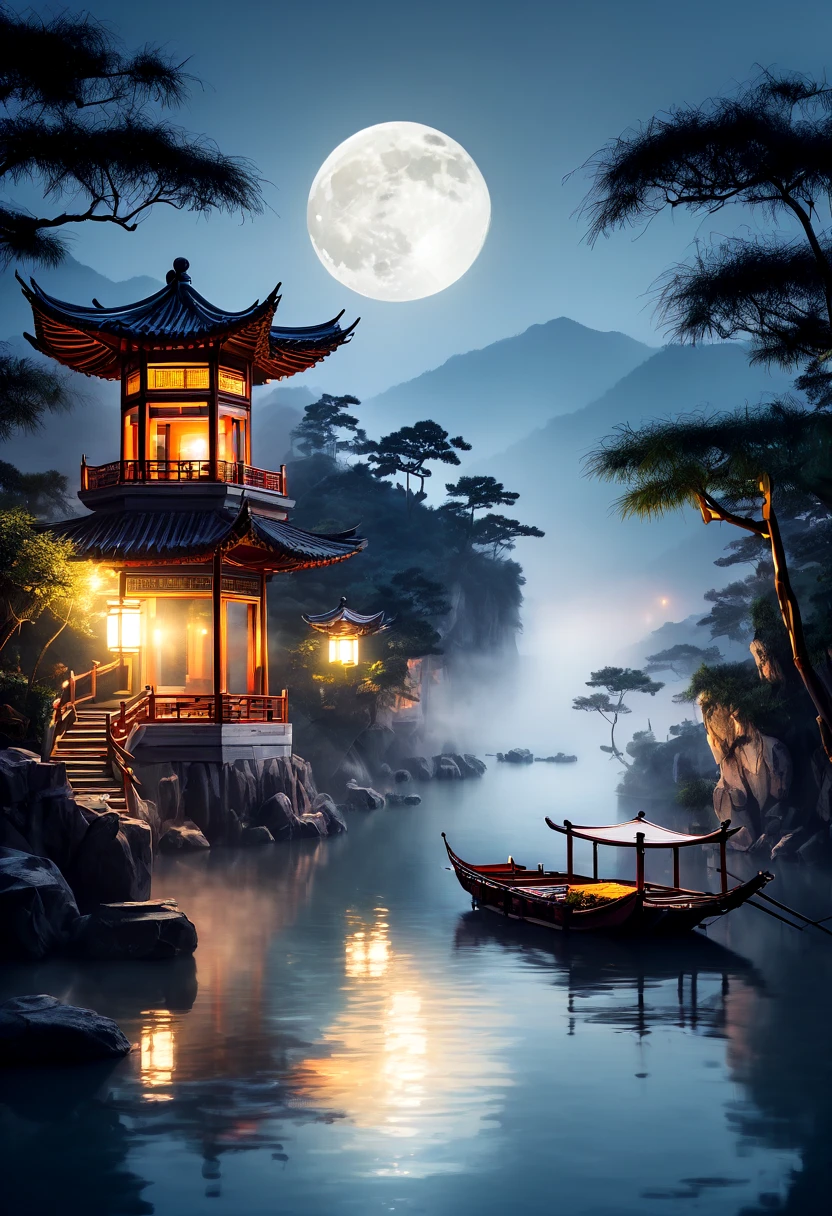 masterpiece, Best quality, Chinese martial arts styles, Asian night view with lanterns and water lilies, Asian lagoon at night with many lanterns and boats，There are a lot of lights and boats on the water, Lake, lotus, beautiful night view, (( (Chinese martial arts styles))), and the vast sky, rolling mountains and steep cliffs, Ink style, Contour light, atmosphere, Depth of Field, The fog rises, bamboo, pine, Octagonal Stone Pavilion, Waterfall, Big Full Moon, (no color), monomer, Light tones,