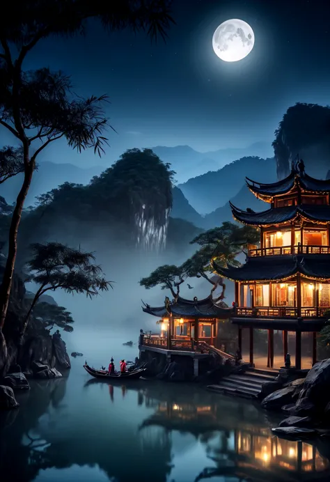 masterpiece, Best quality, Chinese martial arts styles, Asian night view with lanterns and water lilies, Asian lagoon at night w...