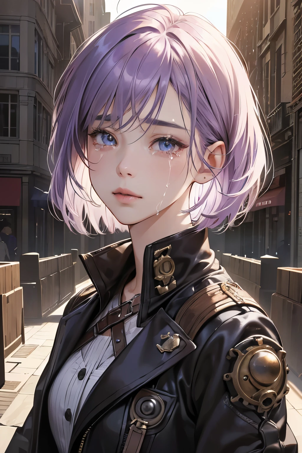 (absurdres, highres, ultra detailed),masterpiece,best quality,high resolution,8k,Realistic face,Realistic skin texture,magnified textures, stunning clarity,detailed anime girl,ultra detailed eyes and face,steampunk fashion,light purple hair,bob cut,future city,(crying:1.15),(too many guns in the air),look at viewer,cowboy shot