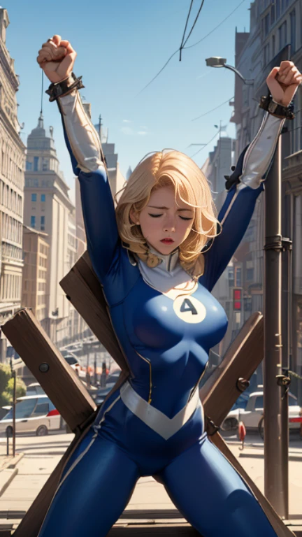 (Highly quality, masterpiece, detailed), city detailed scenario, city detailed background, (x shaped pasting stand), (hands up, spread hands, in stocks pose:1.35), 1girl, Susan Storm, blue eyes, blonde hair, full body blue bodysuit, sleeves, perfect face, big breasts, (shut closed eyes, tears:1.1), sighing