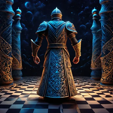 (best quality, highres, ultra sharp), magical chess Swordsman Standing , about the curvature of space time, in a dark night, art...