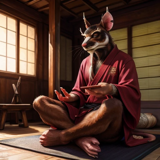 low-angle view,
standing, dojo, japanese temple, inside, clothed, kimono, red kimono, rat tail, goatee, brown body, white fur, black fur, bandages, safe,
(master splinter:1.2), meditating, crossed legs, sitting, closed eyes, solo, topwear, bottomwear, incense, tatami, 
BREAK,
by bruteandbrawn, by personalami, by kenket, (intricate, high detail, film photography, soft focus, RAW candid cinema,
photorealism, realistic, photorealistic, analog style, subsurface scattering,
masterpiece, best quality, ultra realistic, 8k)