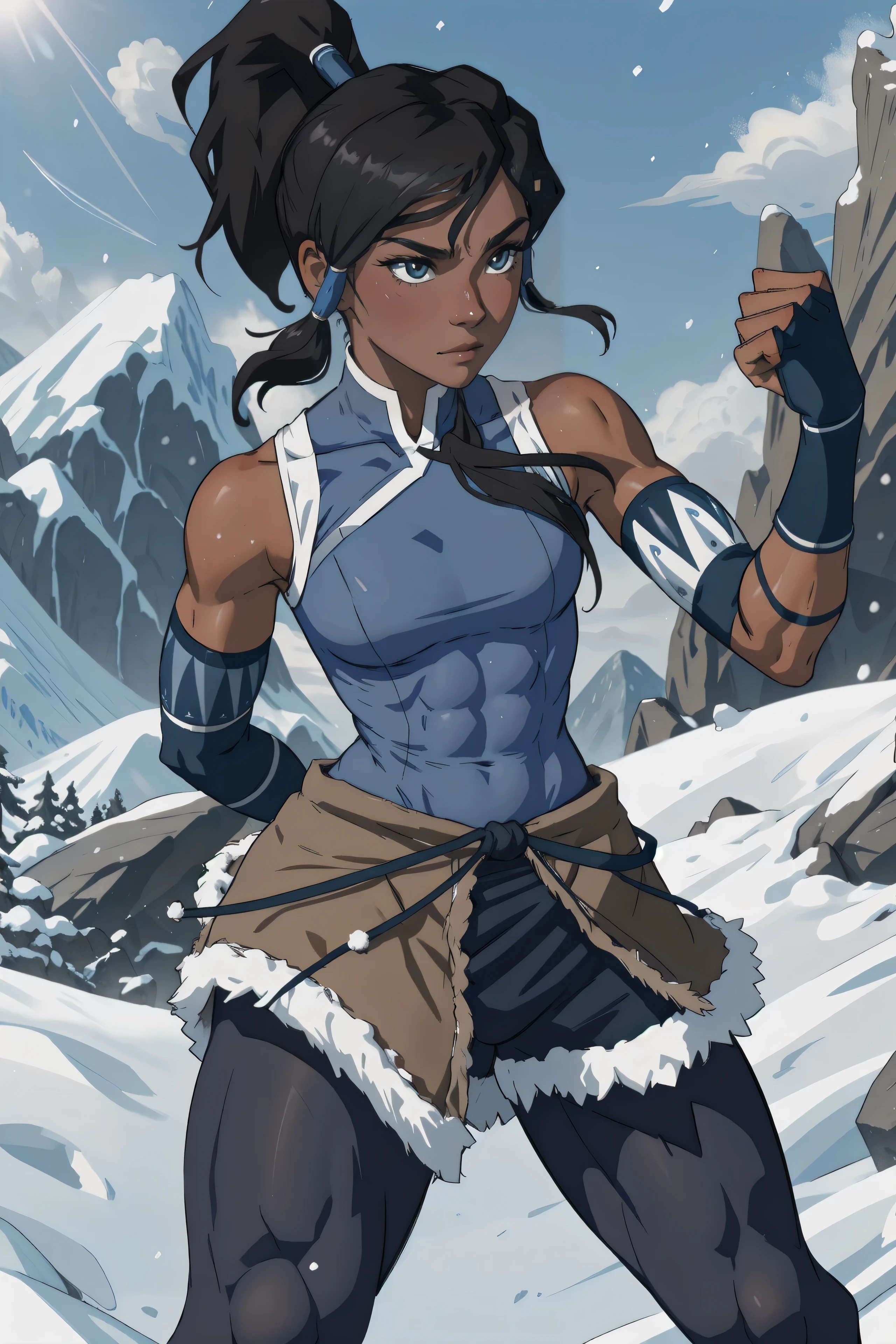 masterpiece, 1girl, solo, muscular girl, standing straght, fighting ready pose, closed fists, korra, dark skin, dark-skinned female, ponytail, hair tubes, short hair, sleeveless, bare shoulders, snow, day, sun,
