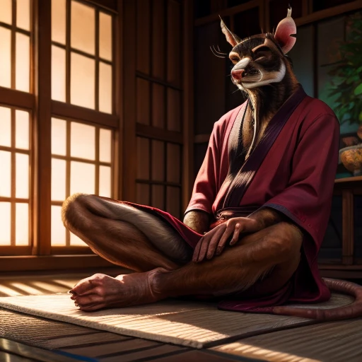 low-angle view,
standing, dojo, japanese temple, inside, clothed, kimono, red kimono, rat tail, goatee, brown body, white fur, black fur, bandages, safe,
(master splinter:1.2), meditating, crossed legs, cum on feet:1.35, sitting, closed eyes, solo, topwear, bottomwear, incense, tatami, 
BREAK,
by bruteandbrawn, by personalami, by kenket, (intricate, high detail, film photography, soft focus, RAW candid cinema,
photorealism, realistic, photorealistic, analog style, subsurface scattering,
masterpiece, best quality, ultra realistic, 8k)