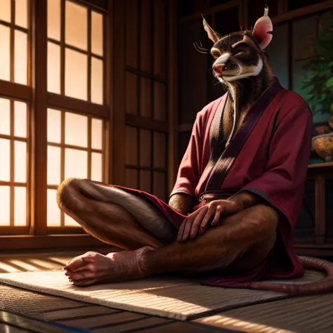 low-angle view,
standing, dojo, japanese temple, inside, clothed, kimono, red kimono, rat tail, goatee, brown body, white fur, b...