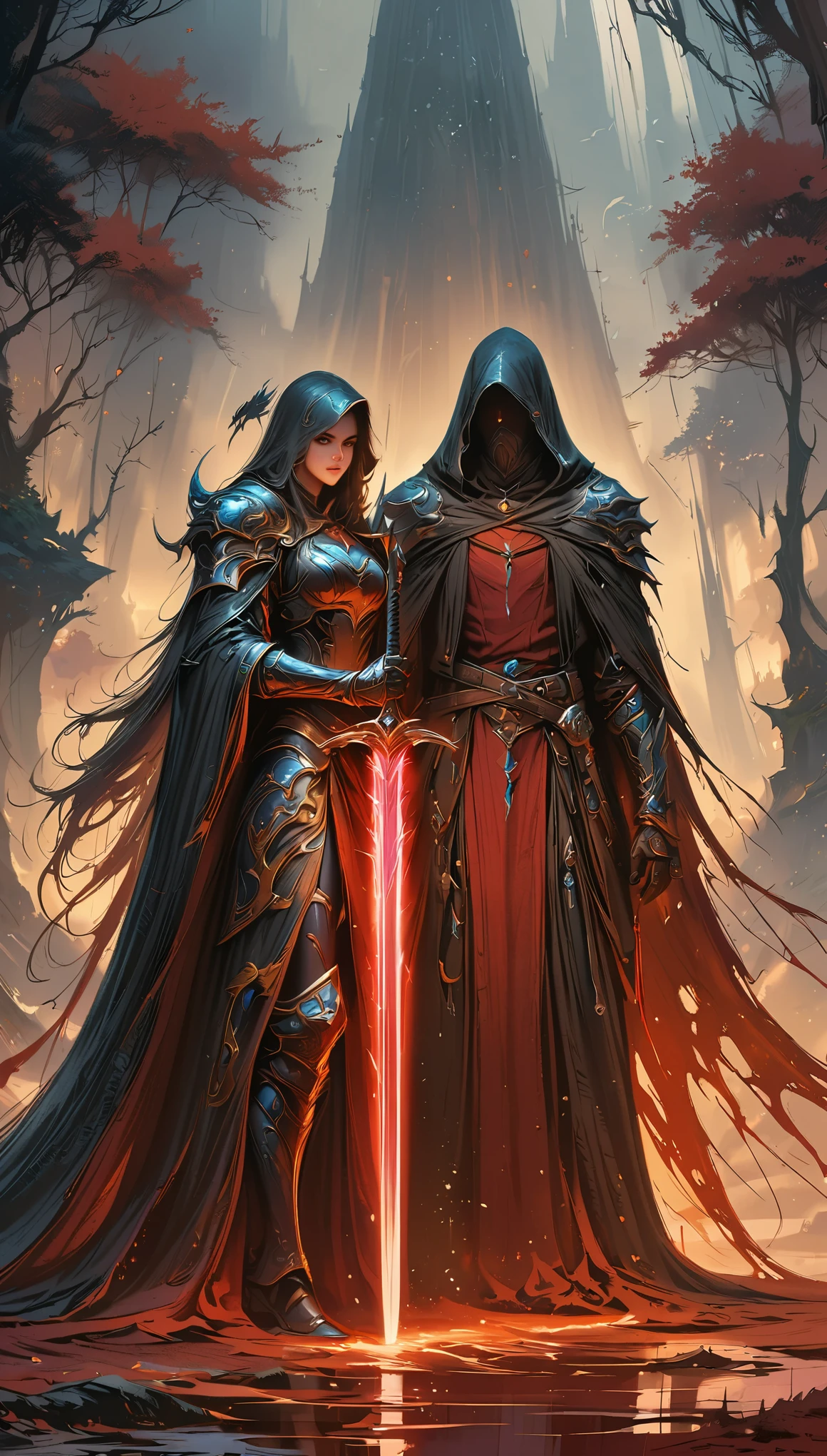 Two figures wearing black cloaks, A hat，The other one without, Standing on the endless fiery wasteland. Fantasy illustration concept art in the style of Greg Rutkowski。a man in a cloak holding a sword in a dark black and Red forest, hold sword in the forest, Glowing sword (Red),dark fantasy style art, Dark Fantasy Artwork, 8K Fantasy Art, dark fantasy style, fantasy art 4k, Epic fantasy art style HD, Dark Fantasy Art, Dark fantasy concept art, Epic fantasy digital art style, in style of Dark Fantasy Art, Glowing sword in hand
