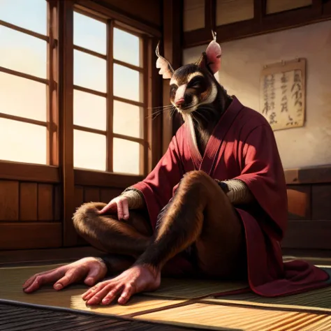 low-angle view,
standing, dojo, japanese temple, inside, clothed, kimono, red kimono, rat tail, goatee, brown body, white fur, b...