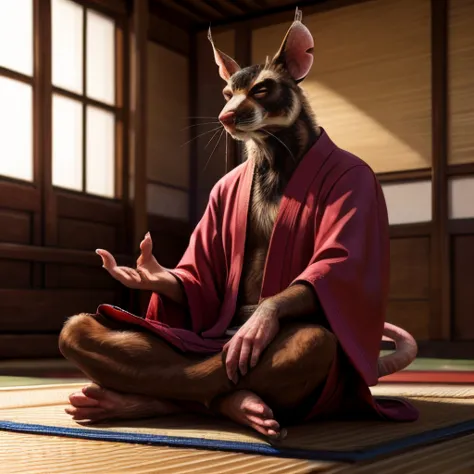 low-angle view,
standing, dojo, japanese temple, inside, clothed, kimono, red kimono, rat tail, goatee, brown body, white fur, b...