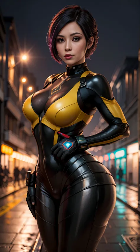 Wasp Girl, Bustling Street, (inspired by Mass Effect), Wasp Woman Suit, Safety Rating, Breast Plump, Fat Buttocks, Leather Pants...