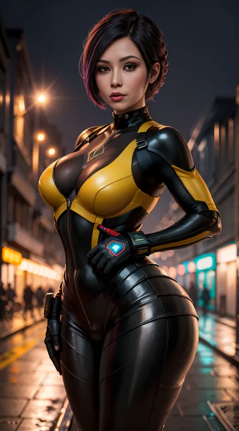 wasp girl, bustling street, (inspired by mass effect), wasp woman suit, safety rating, breast plump, fat buttocks, leather pants...