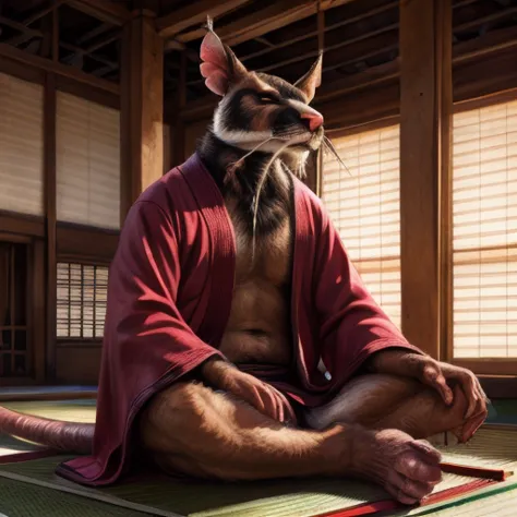 low-angle view,
standing, dojo, japanese temple, inside, clothed, kimono, red kimono, rat tail, goatee, brown body, white fur, b...