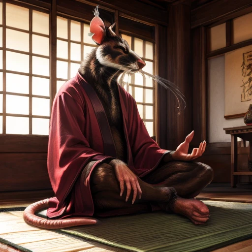 low-angle view,
standing, dojo, japanese temple, inside, clothed, kimono, red kimono, rat tail, goatee, brown body, white fur, black fur, bandages, safe,
(master splinter:1.2), meditating, crossed legs, sitting, sneak peek of butt, closed eyes, solo, topwear, bottomwear, incense, tatami, 
BREAK,
by bruteandbrawn, by personalami, by kenket, (intricate, high detail, film photography, soft focus, RAW candid cinema,
photorealism, realistic, photorealistic, analog style, subsurface scattering,
masterpiece, best quality, ultra realistic, 8k)