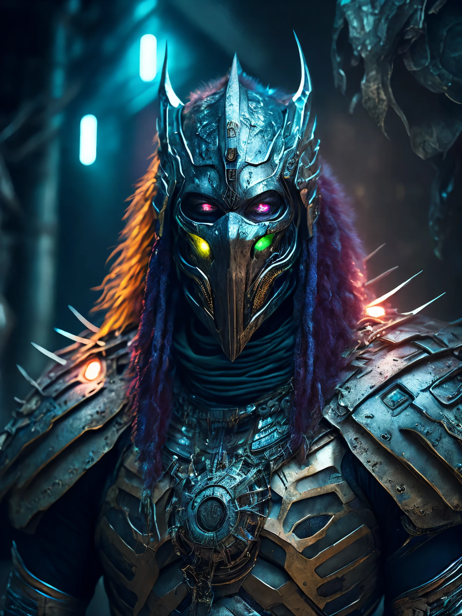 breathtaking cinematic science fiction photo of a portrait of a non human masked Grim dressed as the Predator in metal skin, body full glowing metrics inside, glowing multicoloured eyes, multifaceted eyes, metallic arms, inside a destroyed building, extremely menacing creature, highly detailed, award-winning