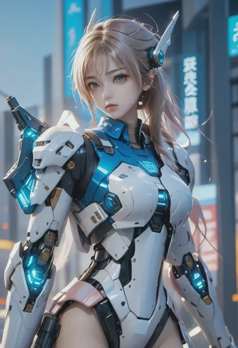 Future City，A woman wearing blue and white clothes and holding a gun，Large mechanical wings，Perfect android girl, Girl wearing m...