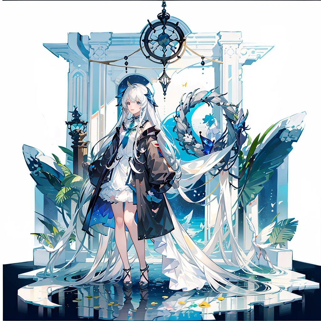 masterpiece,highest quality, (White Background:1.5) One Girl, Mid Shot, whole body, Ocean, Oceanの波, splash, null, Particles of light, butterfly, night, starry null, Are standing, Are standing on water, Clear Face,