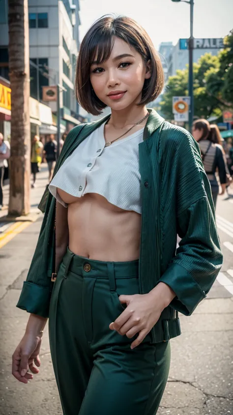 Realistic Malay girl wear Half Button Rib Knit Tee with green jacket and High Waist Plicated Detail Suit Pants, short white hair...