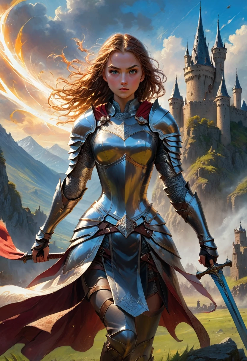 1girl,Swordsman,(with sword and armor),medieval setting,heroic pose,dramatic lighting,vivid colors,realistic details,strong and muscular,action-packed,blade sparkling in sunlight,background of castle and mountains,battlefield chaos,worn and battle-scarred armor,steely determination,ferocious eyes,swirling cloak,confident and skilled stance,(sword slashing through the air:1.1).(best quality,4k,highres),epic battle scene,brave and fearless warrior,striking and powerful image.