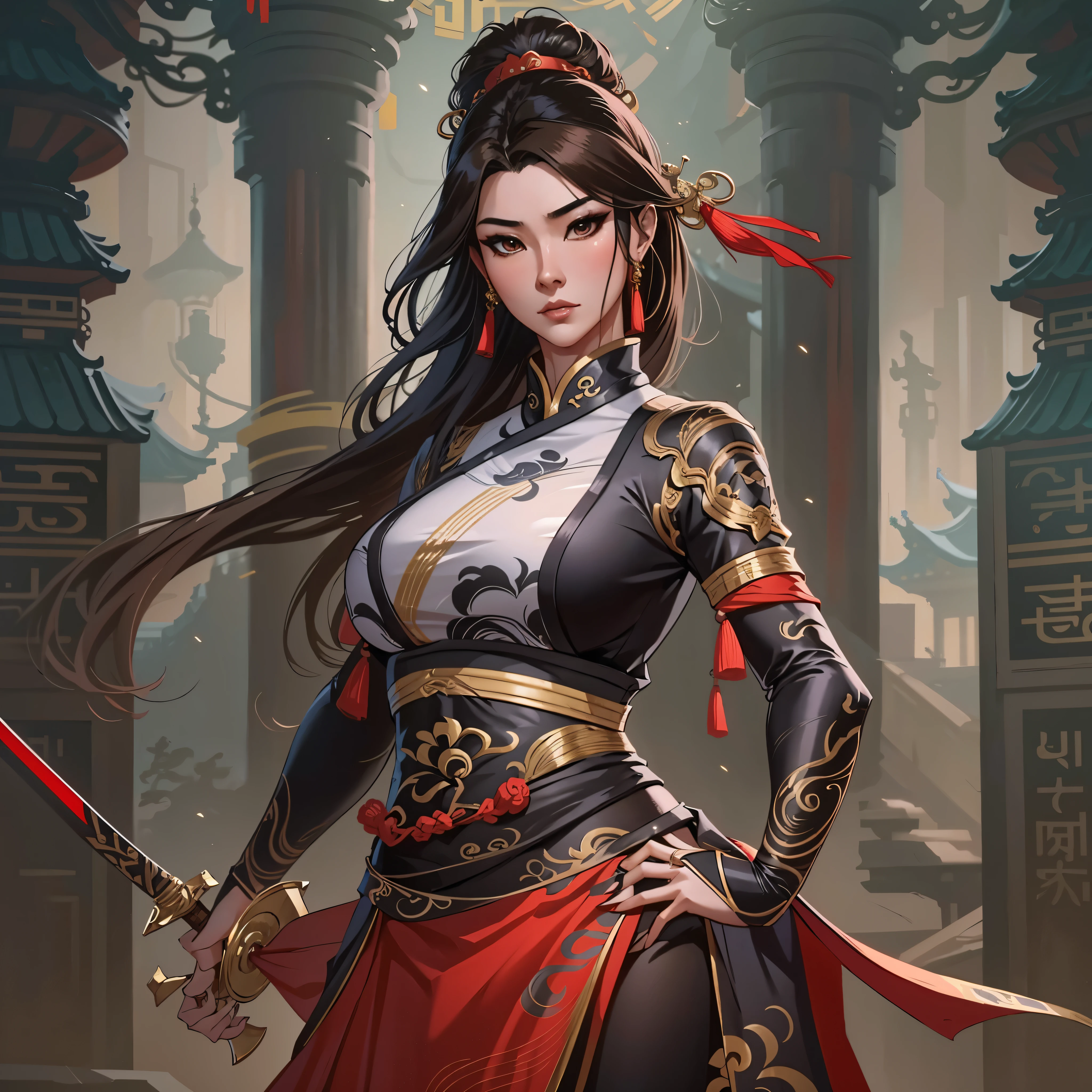 a close up of an asian woman in her 30's, with brown eyes and brown hair, wearing a black and red ball gown dress, a heroine with brown eyes, martial artist holding sword, standing in a chinese temple, new costume concept design, in the style of blade and soul, full body character concept, detailed character design, inspired by Yang Jin, inspired by Li Mei-Shu, chinese costume, inspired by Lan Ying, inspired by Sim Sa-Jeong, inspired by Li Tang, lunar themed attire, costume with black accents, inspired by Ju Lian, colored concept art, highly detailed character design, highly detailed face, inspired by Ai Xuan, very highly detailed face, unreal engine render, final fantasy 14 style, inspired by Leng Mei