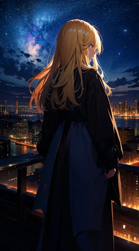 １people々々々々々々,blonde long-haired woman，long coat， dress silhouette， rear view，space sky, comet, anime style, city night view fro...