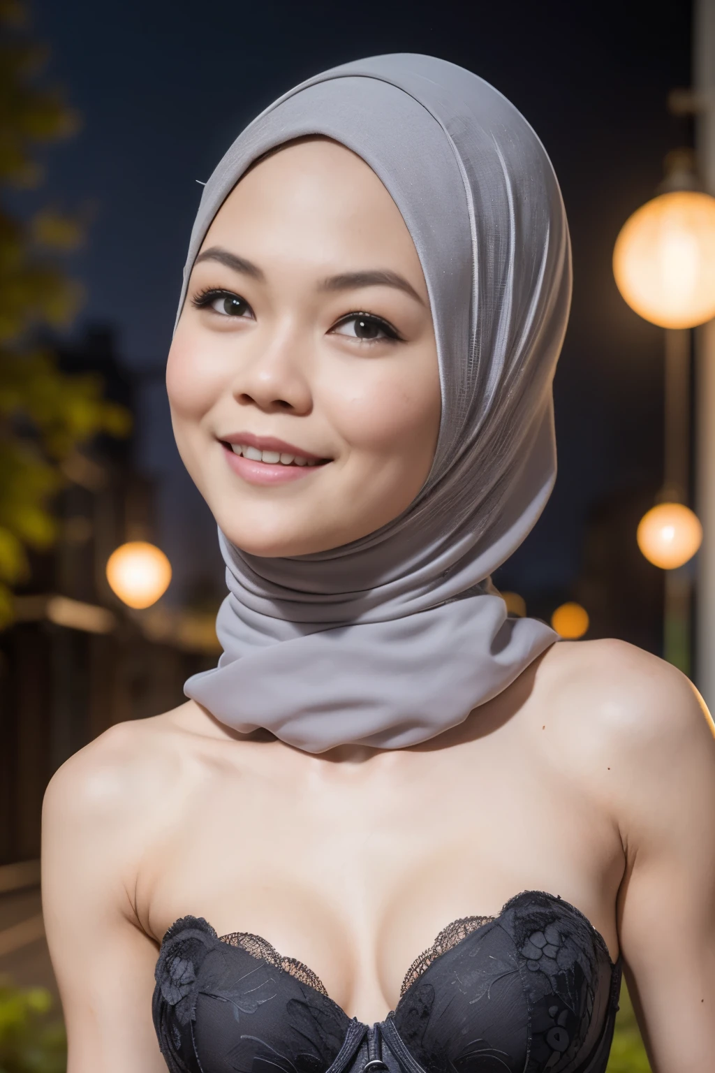 ((open your mouth )), ((Lace)), (Happy smile), (((HIJAB MALAY GIRL))), masutepiece, High quality, UHD 32K, Realistic face, Realistic skin feeling , A Japanese Lady, 5 matured lady, , Very cute and baby-like face, (((FLAT CHEST))), (Night time at forest), ((look In front  at the camera and SADNESS)), (((GREY FLUORESCENT))), (((CUTE GIRL))), ((GREY FLUORESCENT LIPS)), ((Floral Pattern)) little wearing strapless bra, strapless colorful bra, dark night background , black forest night, horror scary place, (from behind up) seductive pose