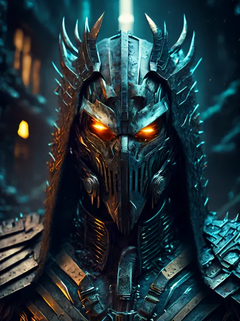 breathtaking cinematic science fiction photo of a portrait of a non human masked grim dressed as the predator in metal skin, bod...