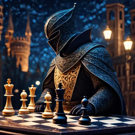 (best quality, highres, ultra sharp), magical chess swordsman standing , about the curvature of space time, in a dark night, art...