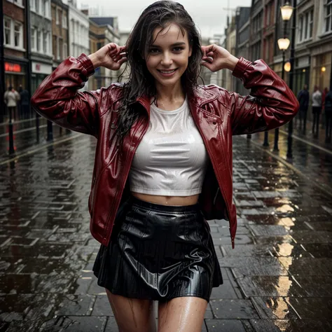 woman in a red leather jacket and skirt standing in the water, wet look, she is wearing a wet coat, on a wet london street, pret...