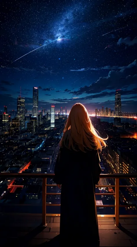 １people々々々々々々,blonde long-haired woman，long coat， dress silhouette， rear view，space sky, comet, anime style, city night view fro...