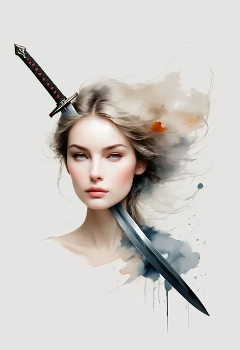 Girl with a sword，Simple lines，Minimalism，Abstract Art，Lots of white space