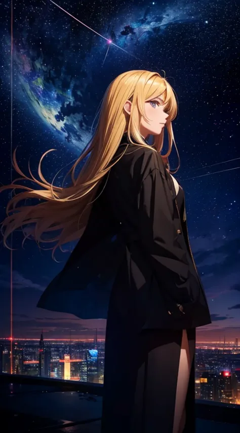 １people々々々々々々々々,blonde long-haired woman，long coat， dress silhouette， rear view，space sky, comet, anime style, city night view f...