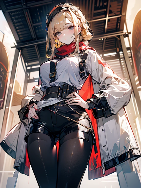 ((in a desert:1.5)), a matured woman with long hair and a white outfit, (resting in oasis:1.2), Arabic, Post apocalyps, from arknights, artwork in the style of guweiz, bodyesbian, fine details. girls frontline, beautiful anime illustration, from girls frontline, by Yang J, stunning, 26 years old, (solo:1.5), (sfw:1.25), sagging breast, large breasts, big tits, thin waist, big ass, Raised sexy, (dark mahogany medium long hair, updo, hair over one eye, asymmetric hair, Carly hair, low tied),(musulman, Headscarfs, hair bands, head vandage, Turban), (ultra high resolution, 8K RAW photo, photo realistics, weak outline:1.3, clear focus), best qualtiy, natural lighting, blurry back ground, field depth, (Bright pupils, detailed beautiful eyes, high detailed face), Red lip, looking at viewers, (tight focus:1.2, from below), sexy posing, seductive weak smiling, center image, (wearing white long jacket and clothes, wearing short pants, gold ornaments, white clothes rolling around waist, camel-brown long leather boots, translucent lace pantyhose), ((correct anatomy:1.5)), ((outdoor:1.2)),