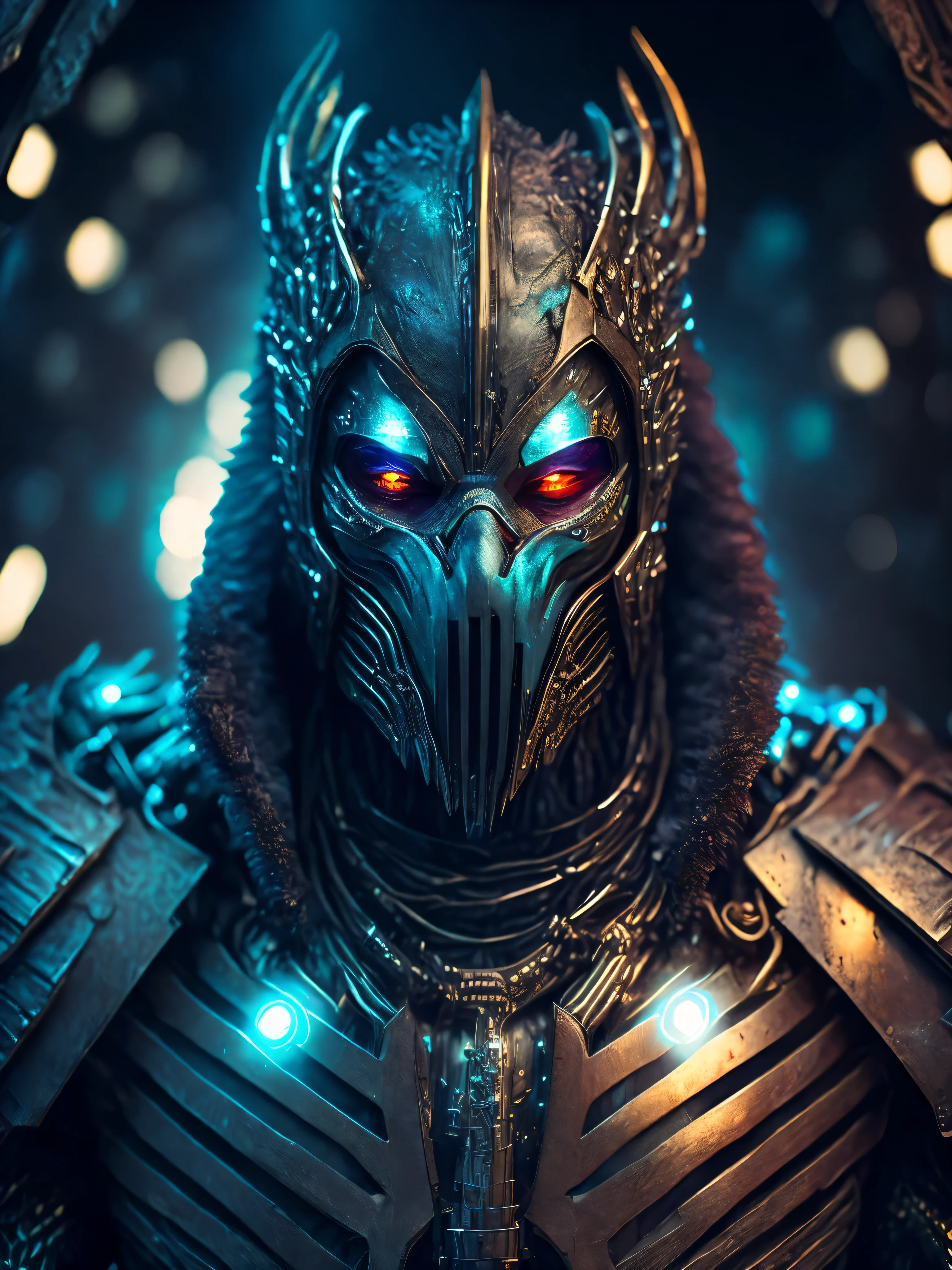breathtaking cinematic science fiction photo of a portrait of a non human masked Grim dressed as the Predator in metal skin, body full glowing metrics inside, glowing multicoloured eyes, multifaceted eyes, metallic arms, inside a freezing tunnel, extremely menacing creature, highly detailed, award-winning