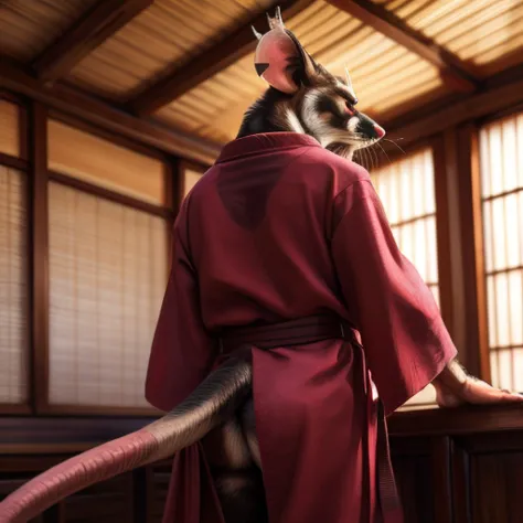 low-angle view,
standing, dojo, japanese temple, inside, clothed, kimono, red kimono, rat tail, red eyes, goatee, brown body, wh...