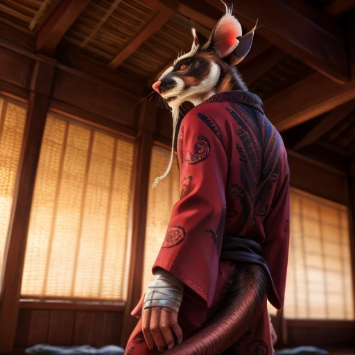 low-angle view,
standing, dojo, japanese temple, inside, clothed, kimono, red kimono, rat tail, red eyes, goatee, brown body, white fur, black fur, bandages, safe,
(master splinter:1.2), rear view, solo, topwear,
BREAK,
by bruteandbrawn, by personalami, by kenket, (intricate, high detail, film photography, soft focus, RAW candid cinema,
photorealism, realistic, photorealistic, analog style, subsurface scattering,
masterpiece, best quality, ultra realistic, 8k)