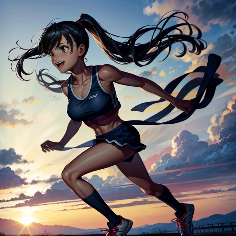 (Highest quality, Masterpiece), (Beautiful Japanese girl, 11 years old), ponytail, smile, sport girl, medium breasts,sport bra, full body, running girl,